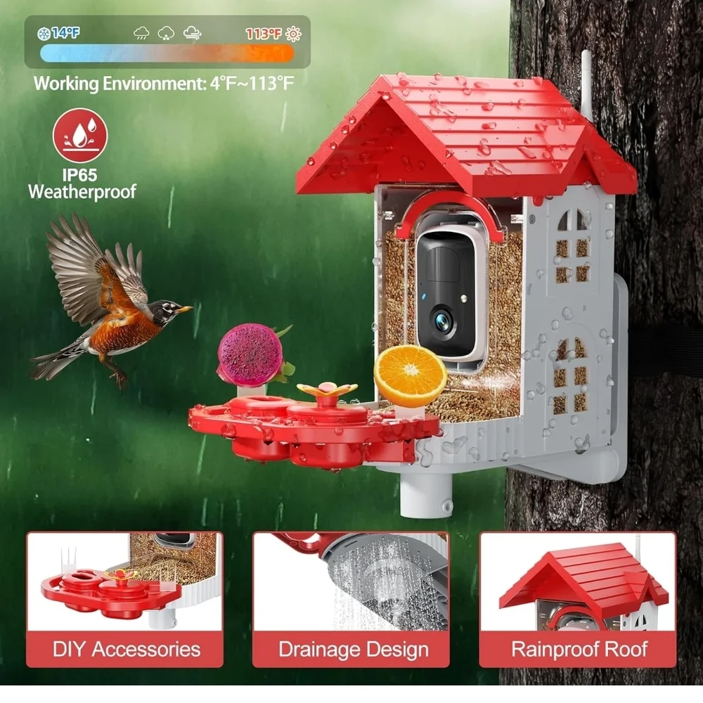 Red and White Bird Feeder with Camera